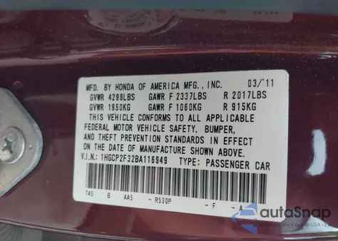 2011 Honda Accord 2.4 Lx z USA, uszkodzony, nr VIN 1HGCP2F32BA116949